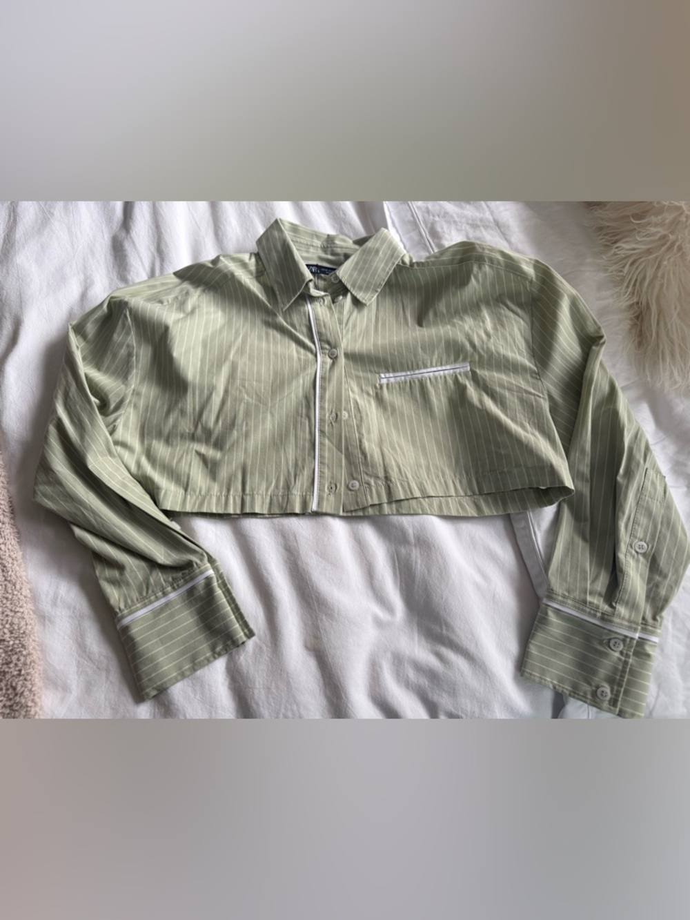 Zara Light Olive Green Pinstripe Crop Shirt and Pant Matching Set